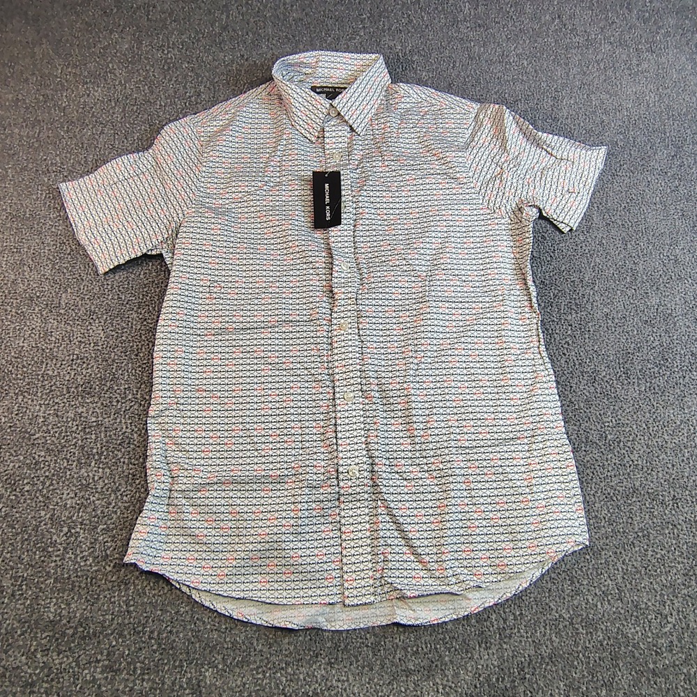 NWT Michael Kors Button Down Shirt Mens Medium White MK Logo Print Short Sleeve